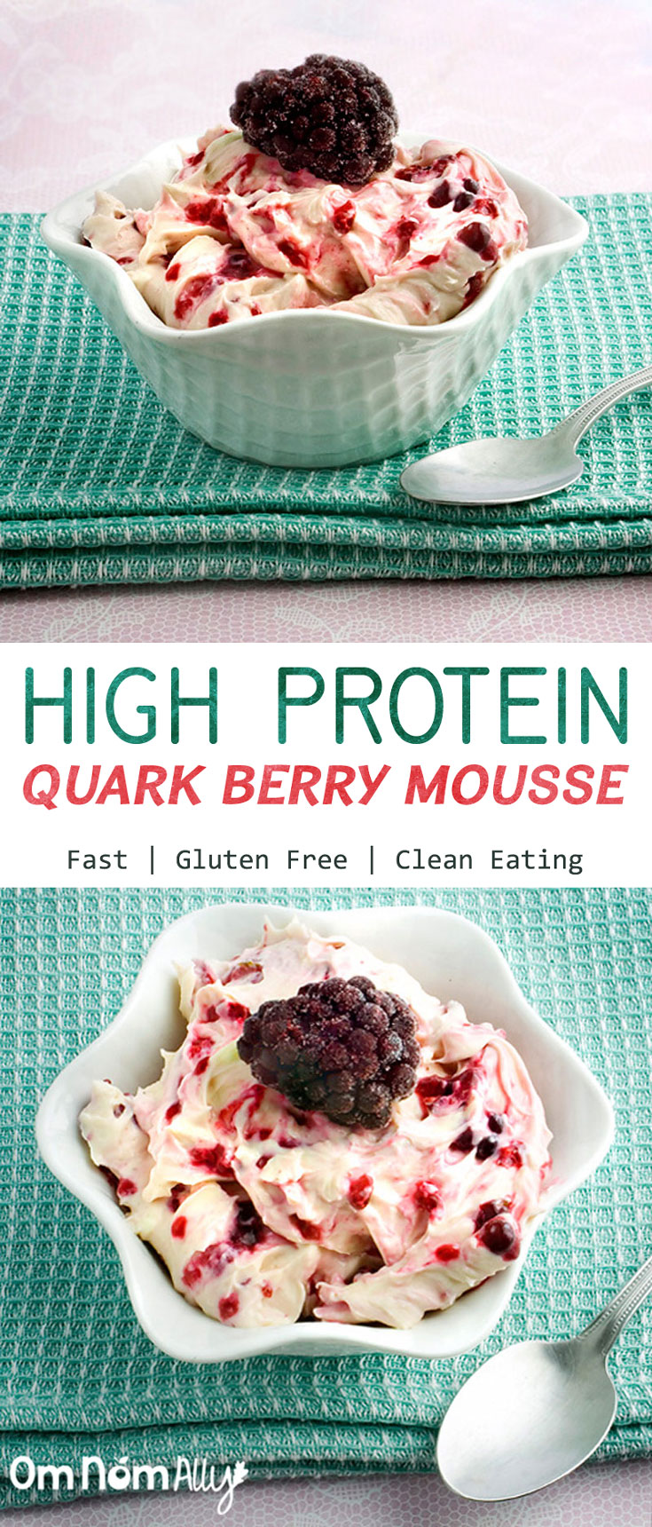 High Protein Berry Mousse @OmNomAlly made with protein-rich quark or cottage cheese and your favourite fresh or frozen berries!