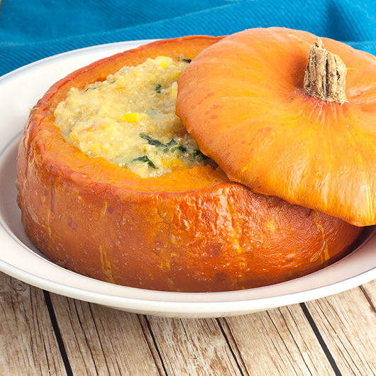 Om Nom Ally - Cheesy Corn & Quinoa Stuffed Pumpkin