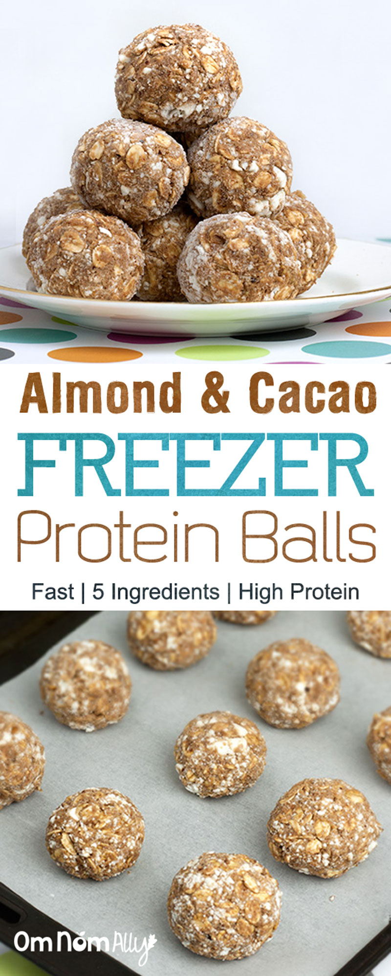 Almond & Cacao Freezer Protein Balls @OmNomAlly - If you want easy, home-made protein balls with only five superfood, wholegrain, nut and dairy ingredients - you've found the right recipe!