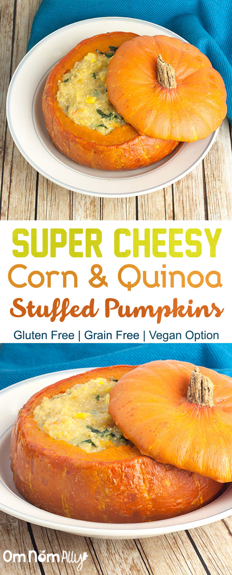 Super Cheesy Corn & Quinoa Stuffed Pumpkins @OmNomAlly | These Golden Nugget pumpkins were just made for stuffing - with thin, edible skin you can eat your cheesy corn and quinoa stuffing and then your pumpkin bowl too!