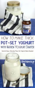 How to Make Thick Pot-Set Yoghurt with Natren Yoghurt Starter @OmNomAlly | DIY a batch of homemade yoghurt with Natren Yoghurt starter, a stove top, a saucepan, a thermometer and a sterilised jar.