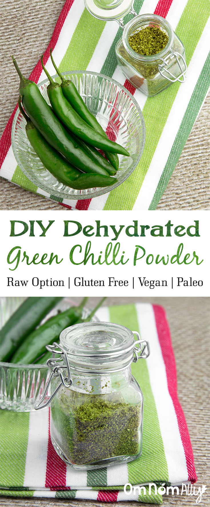 DIY Dehydrated Green Chilli Powder @OmNomAlly #Raw option, #glutenfree, #paleo, #vegan. Green chilli powder is one of those ingredients you'll hardly ever see in the shops - so just make your own! Packing a vibrant, spicy punch, try this Home-made Green Chilli Powder in your dehydrator.