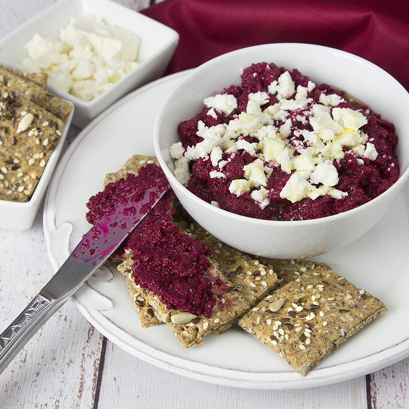 Fiery Beetroot Dip with Feta & Salty Seeded Crackers | Om Nom Ally