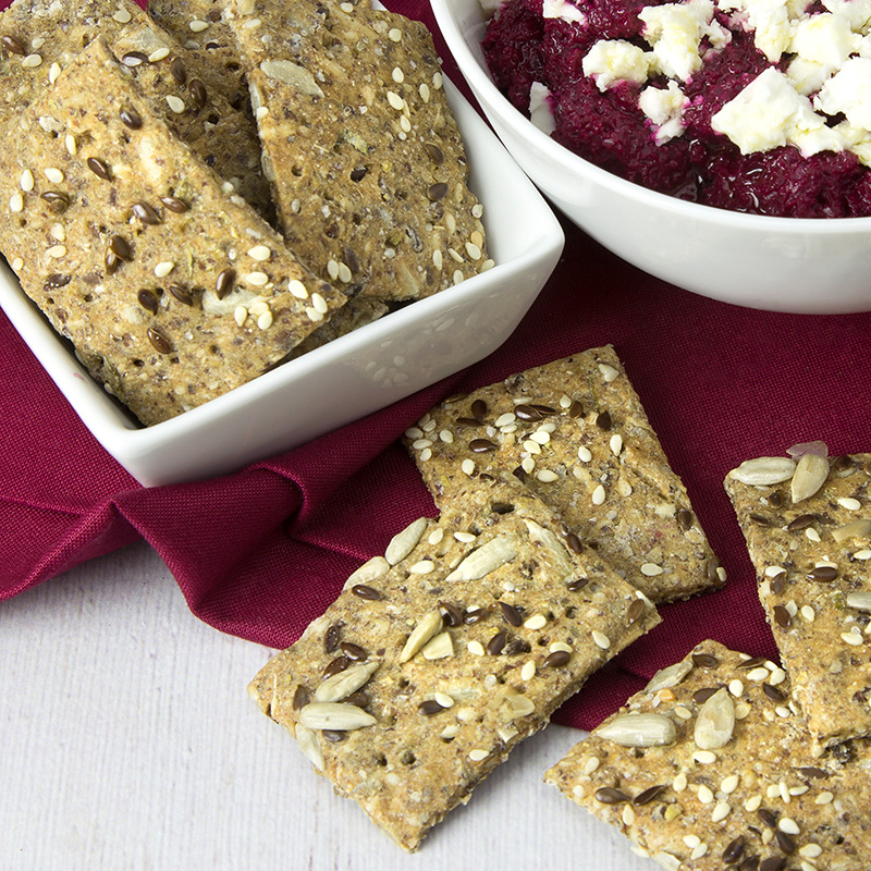 Fiery Beetroot Dip with Feta & Salty Seeded Crackers | Om Nom Ally