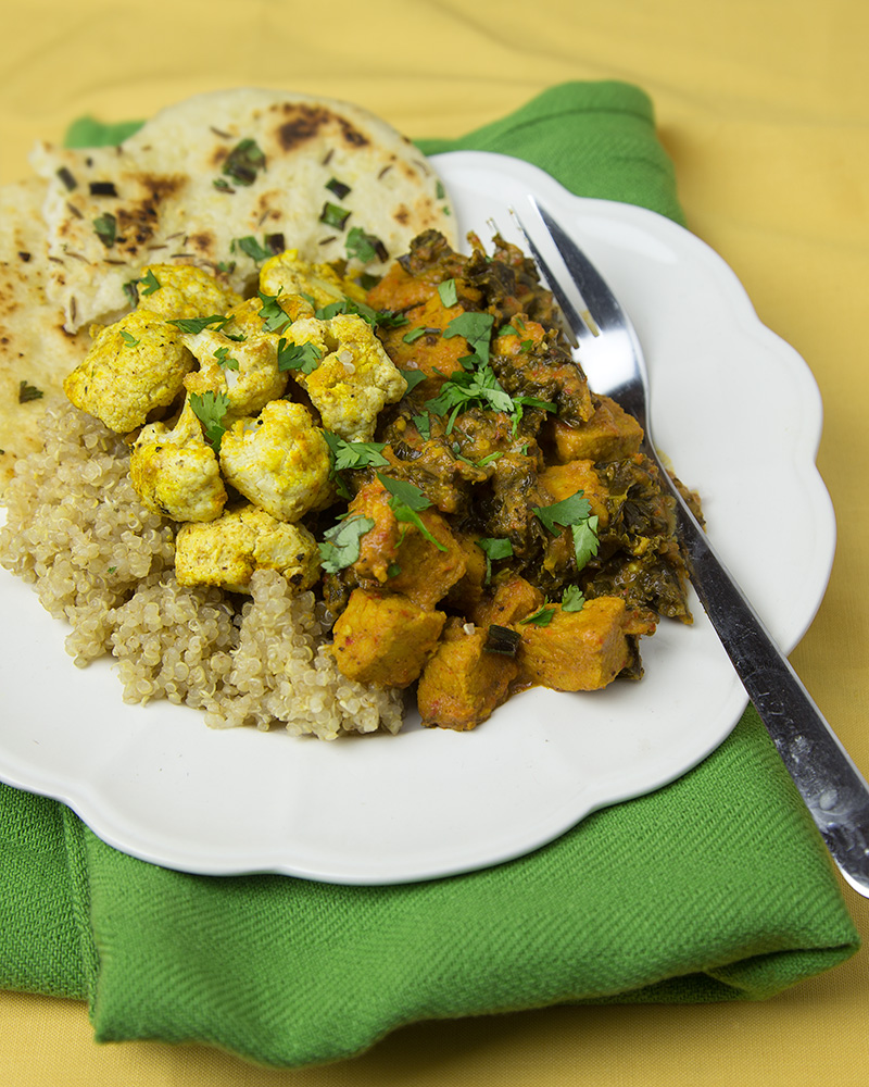 Chili Smothered Pork Vindaloo with Kale + Baked Curried Cauliflower Florets | Om Nom Ally