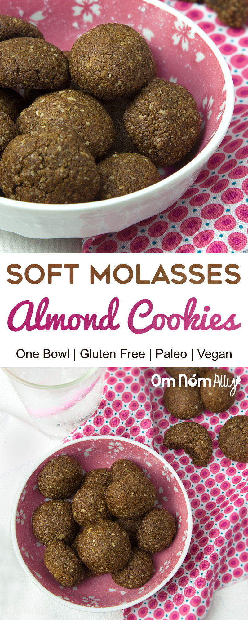 One Bowl Soft Molasses Almond Cookies @OmNomAlly | What's even better than a spicy, molasses cookie? Less washing up after baking! This one bowl, baking recipe with almond meal, blackstrap molasses, coconut oil and spices ticks all the boxes for a delicious, nutritious and low-effort baking adventure.