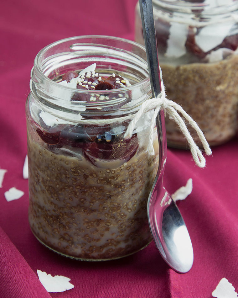 Mocha Chia Pudding with Coconut & Cherry @OmNomAlly