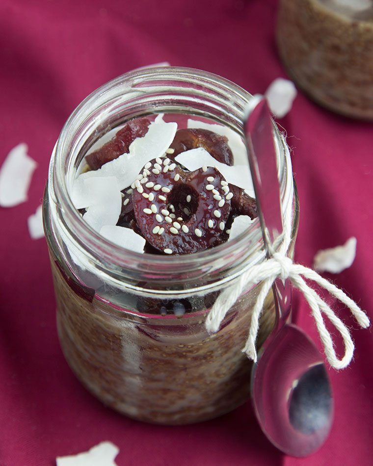 Mocha Chia Pudding with Coconut & Cherry @OmNomAlly