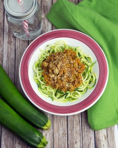 Spiralised Zucchini Noodles with Bolognese @OmNomAlly - This beef bolognese sauce, with it's hidden carrot and celery, is a simple and nourishing addition to be spooned over our favourite zucchini-based noodles.