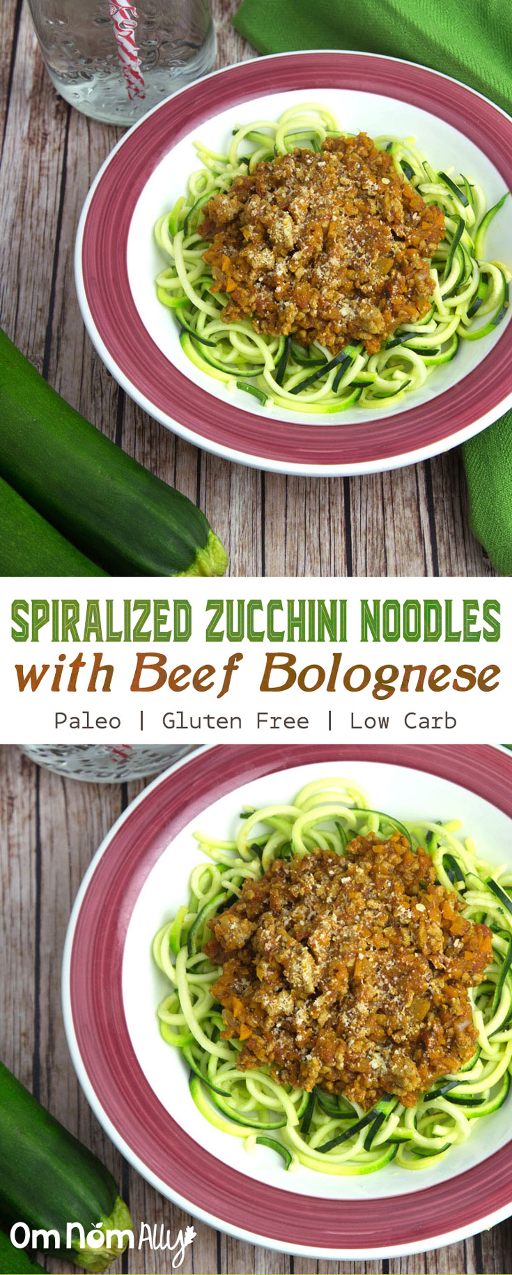 Spiralised Zucchini Noodles with Bolognese @OmNomAlly - This beef bolognese sauce, with it's hidden carrot and celery, is a simple and nourishing addition to be spooned over our favourite zucchini-based noodles.