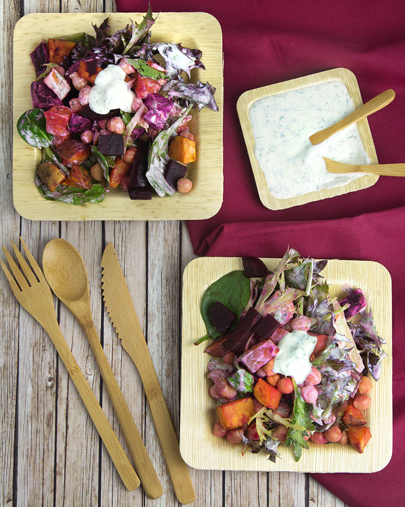 Product Review: Restaurantware Eco Friendly Tablewear + Beetroot Sweet Potato & Chickpea Salad with Herbed Yoghurt Dressing @OmNomAlly