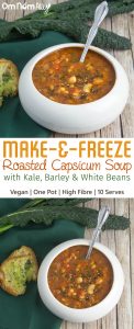 Make-and-Freeze Roasted Capsicum Soup with Kale, Barley & White Beans @OmNomAlly is Vegan, High Fibre and makes 10 serves from one pot!