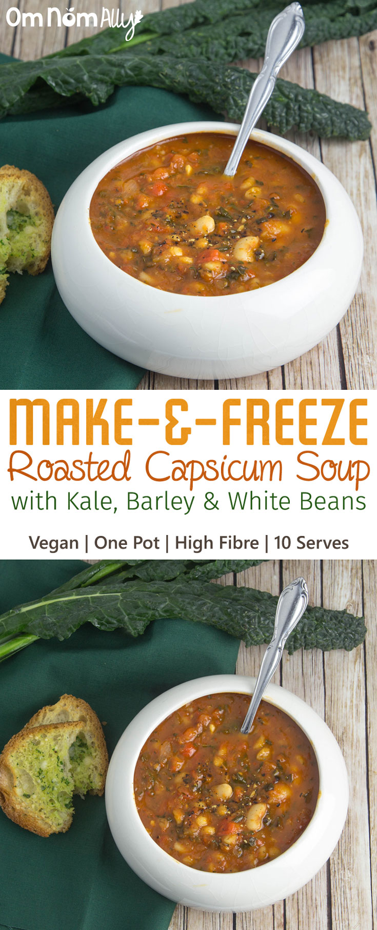 Make-and-Freeze Roasted Capsicum Soup with Kale, Barley & White Beans @OmNomAlly is Vegan, High Fibre and makes 10 serves from one pot! 