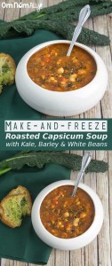 Make-and-Freeze Roasted Capsicum Soup with Kale, Barley & White Beans @OmNomAlly