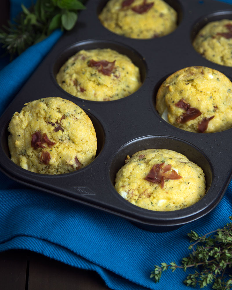 Giant Herbed Polenta, Prosciutto &amp; Feta Savoury Muffins | @OmNomAlly