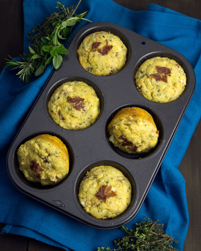 Giant Herbed Polenta Prosciutto & Feta Muffins @OmNomAlly