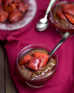 Secret Weapon Vegan Chocolate Mousse with Roasted Strawberries @OmNomAlly - The best ever recipe for vegan chocolate mousse, made with avocado, banana and a touch of vinegar for an amazing depth of flavour.