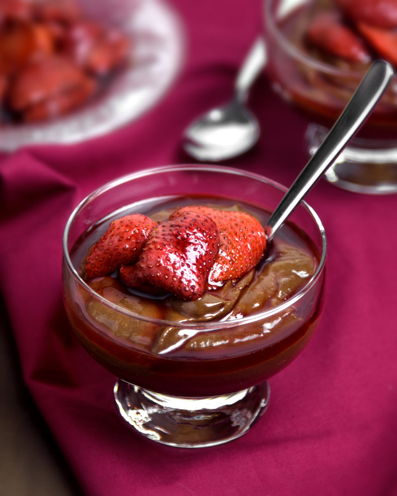 Secret Weapon Vegan Chocolate Mousse with Roasted Strawberries @OmNomAlly - The best ever recipe for vegan chocolate mousse, made with avocado, banana and a touch of vinegar for an amazing depth of flavour.