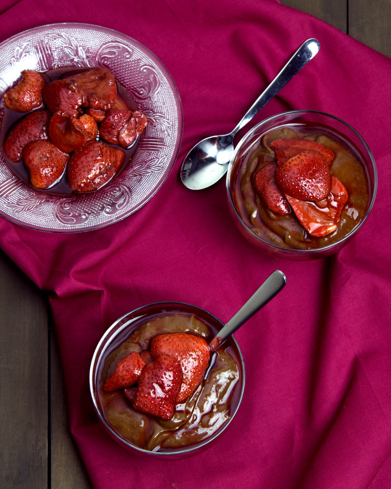 Secret Weapon Vegan Chocolate Mousse with Roasted Strawberries @OmNomAlly - The best ever recipe for vegan chocolate mousse, made with avocado, banana and a touch of vinegar for an amazing depth of flavour.