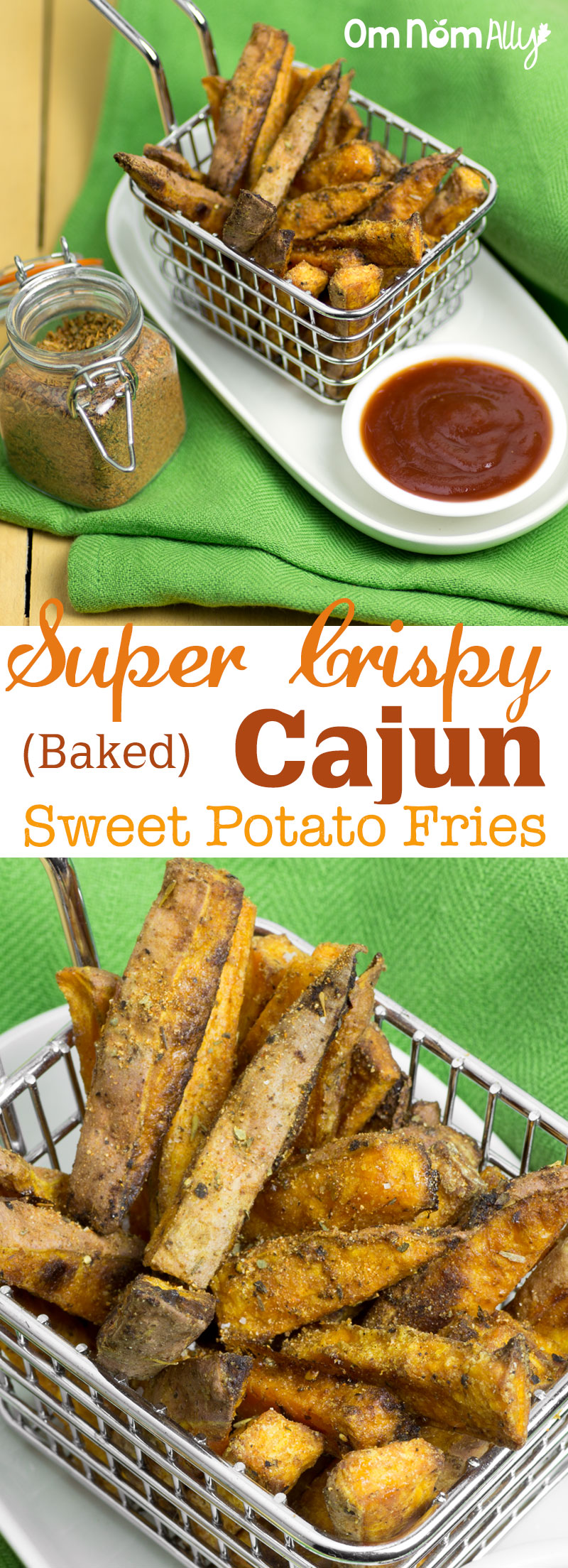 Super Crispy (Baked) Cajun Sweet Potato Fries @OmNomAlly - A recipe for crispy, baked sweet potato fries - that delivers what it promises. Make these paleo, vegan and gluten-free sweet potato fries and get your snack on!