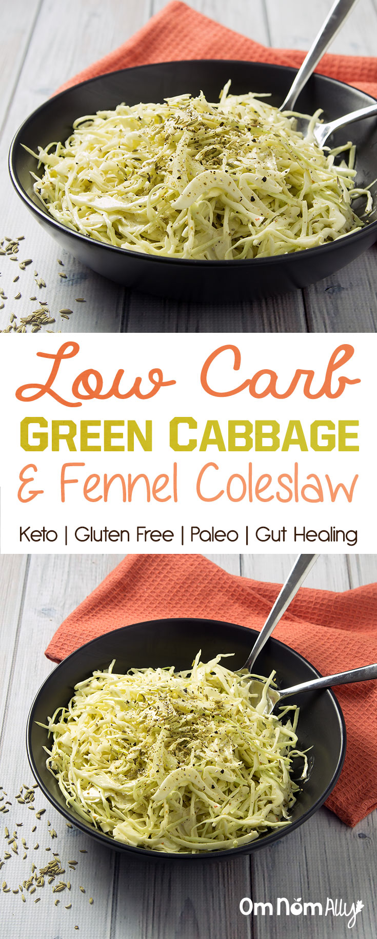 Low Carb Green Cabbage & Fennel Coleslaw - This fast, low carb slaw is gluten-free, dairy-free and paleo, with the gut healing benefits of raw apple cider vinegar. 