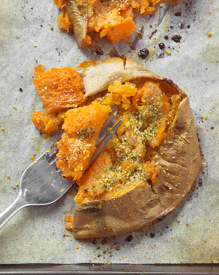 Smashed Garlic Parmesan Sweet Potatoes @OmNomAlly - Sweet potatoes are my snack obsession and these gluten-free, grain-free, soft and crispy, seasoned sweet potatoes are going to be your new favourite snack or side too!