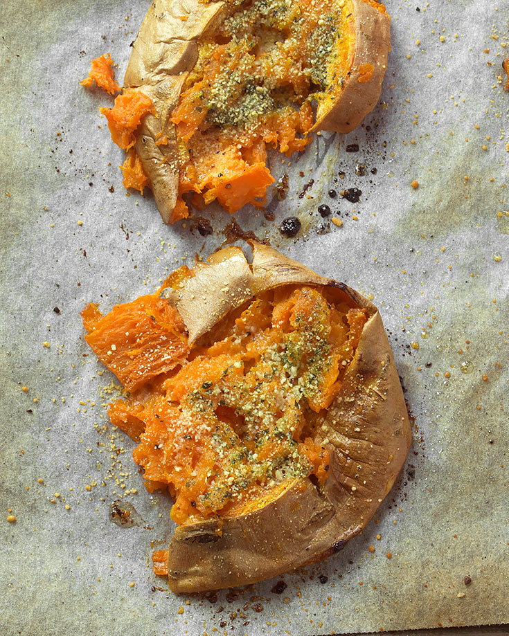 Smashed Garlic Parmesan Sweet Potatoes @OmNomAlly - Sweet potatoes are my snack obsession and these gluten-free, grain-free, soft and crispy, seasoned sweet potatoes are going to be your new favourite snack or side too!