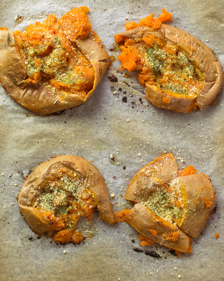 Smashed Garlic Parmesan Sweet Potatoes @OmNomAlly - Sweet potatoes are my snack obsession and these gluten-free, grain-free, soft and crispy, seasoned sweet potatoes are going to be your new favourite snack or side too!