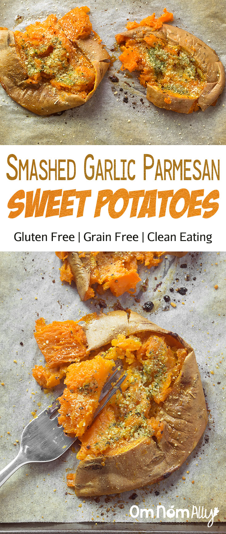 Smashed Garlic Parmesan Sweet Potatoes @OmNomAlly - Sweet potatoes are my snack obsession and these gluten-free, grain-free, soft and crispy, seasoned sweet potatoes are going to be your new favourite snack or side too!