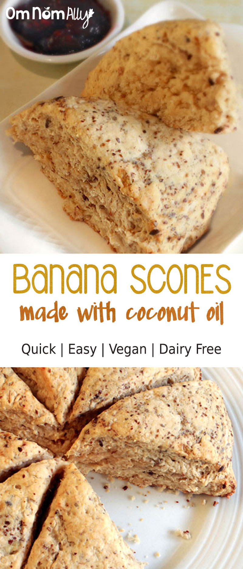 Quick & Easy Vegan Banana Scones @OmNomAlly | Made with coconut oil and coconut sugar, these Vegan Banana Scones are flaky and cakey for the most delicious brunch ever.